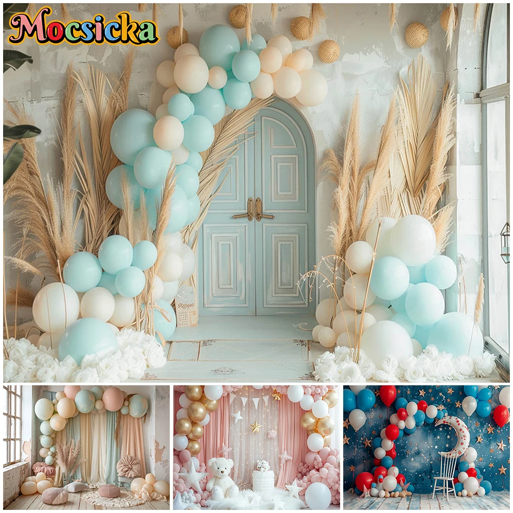 Mocsicka Birthday Background Photography Home Balloon Door Bear Photo Decoration Kid Newborn Backdrop Shooting Party Prop Studio