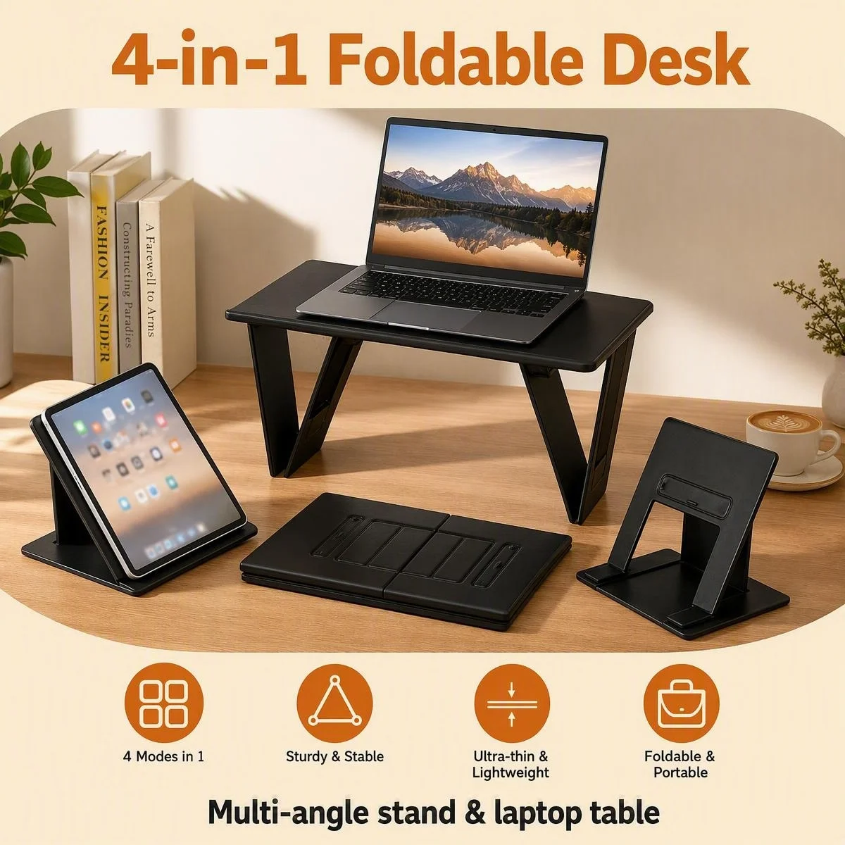 Multifunctional Foldable Bed Desk, Hidden Bracket Portable Laptop Tablet Stand, 2‑in‑1 Car & Bed Small Table for Home Travel Use