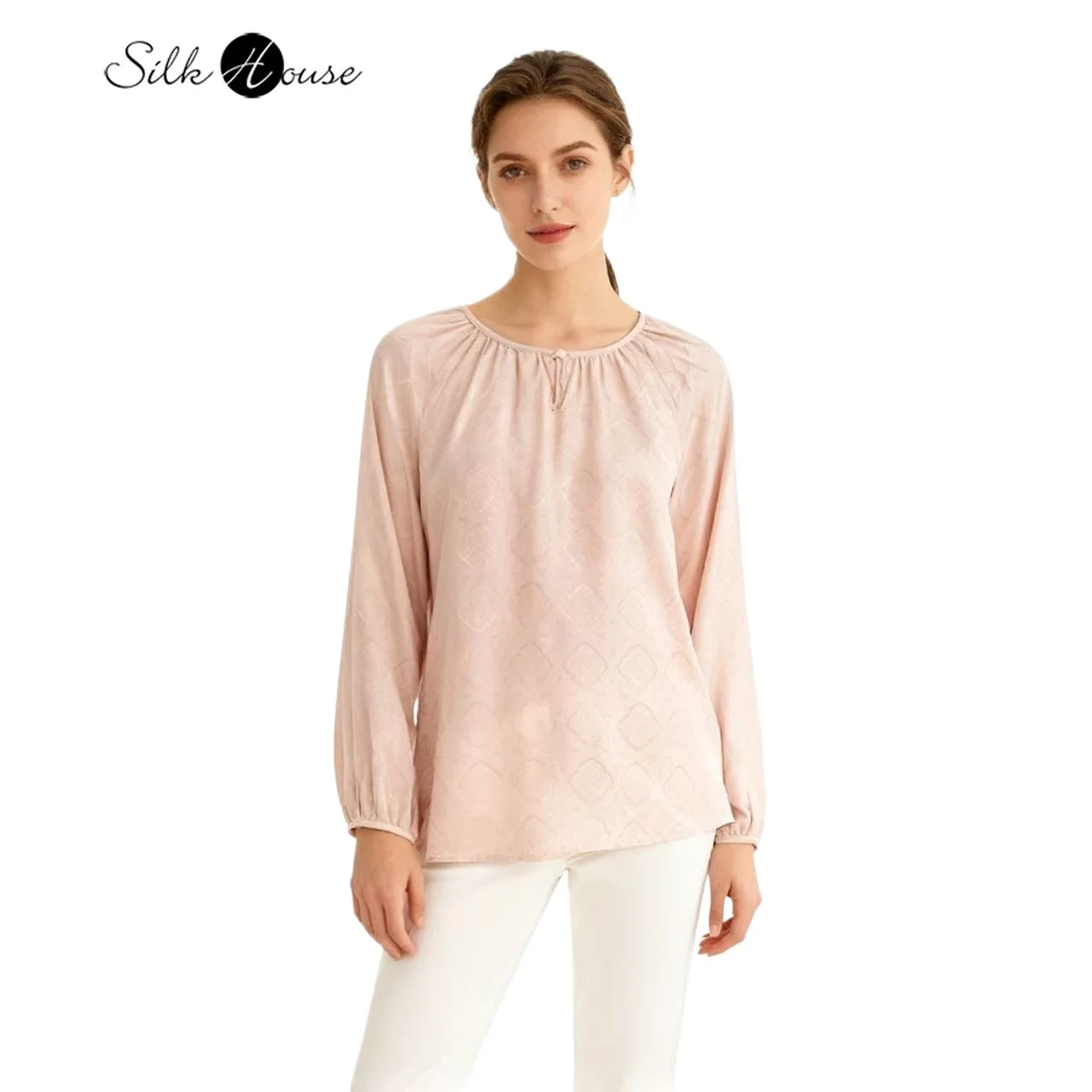 الملابس النسائية 100% التوت الطبيعي الحرير الجاكار زهرة الورد الجولة الرقبة فانوس بأكمام طويلة تنوعا تي شيرت غير رسمي #1