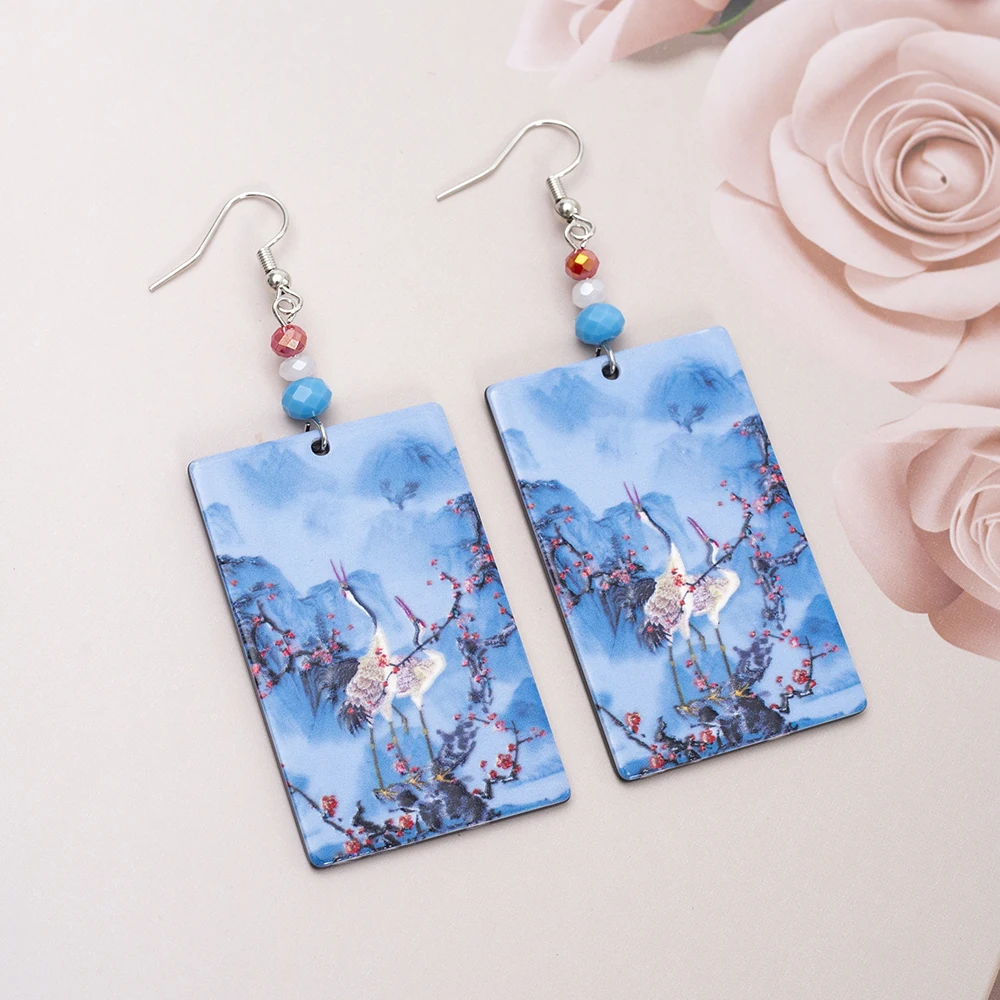 Fashion Crane Flower Mountain Relievo Print Blue Acrylic Earrings For Women Vintage Style Aesthetic Trend 2025 Elegant Jewelry