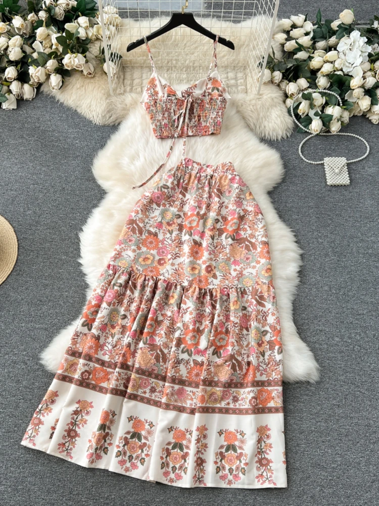 Bohemian Vintage Print Two Piece Set Women Sexy V-neck Short Tank Top+high Waist Long Skirt Elgeant Two-pcs Suits Beach Outfits