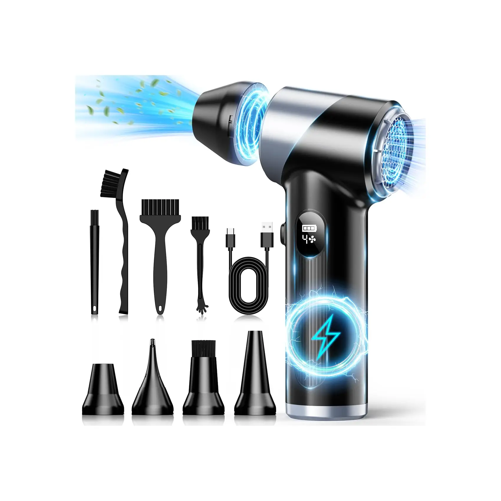 

Беспроводная электрическая воздуходувка 310 000 об/мин, перезаряжаемый пылесос для сжатого воздуха с 4 режимами и LED-подсветкой для использования на улице и в доме