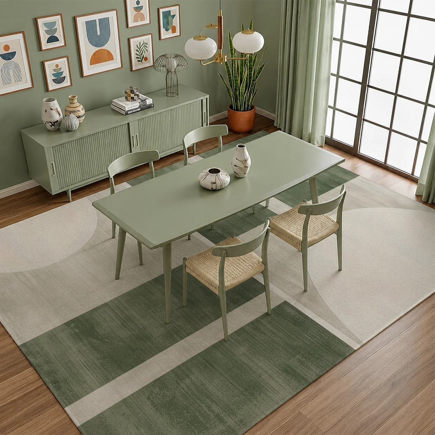 Large Indoor Area Rug, Soft Velvet, Low Pile, Non-Slip Dotted Backing, Machine Washable, Modern Geometric Sage Green & Off-White Abstract Pattern for Living Room, Bedroom, Entryway Home Decor