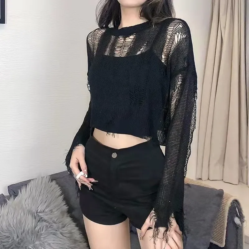 Hole Lady Hollowed Out Hole Broken Streetwear Stretch Split Knit Short Top 2023 Black Gothic Thin Women Pullover Loose Sweater