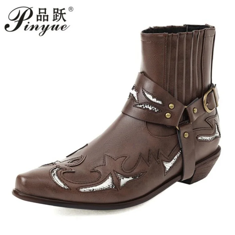 Men's Classic Ankle Boots Color Matching Genuine Leather Pointed Toe Shoes Mid-heel Rivet Chelsea Fashion Street Rider Shoes