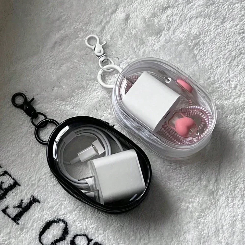 Portable Mini Transparent Storage Bag with Zipper Multifunctional Headphone and Charger Case Travel Accessories with Keychain