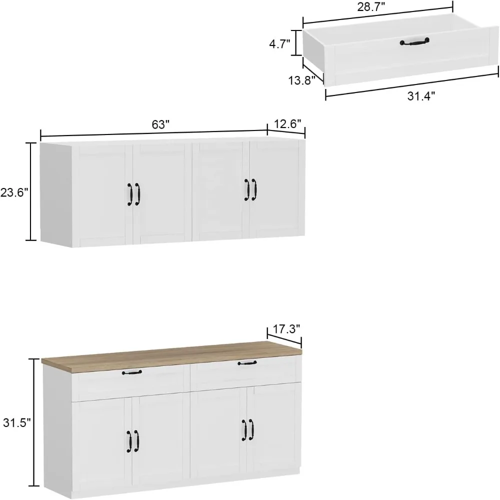 Independent Wall Mounted Kitchen Storage Cabinet Set with Wall Mounted Storage Side Panels, Shelves, 8 Doors, and 2 Drawers