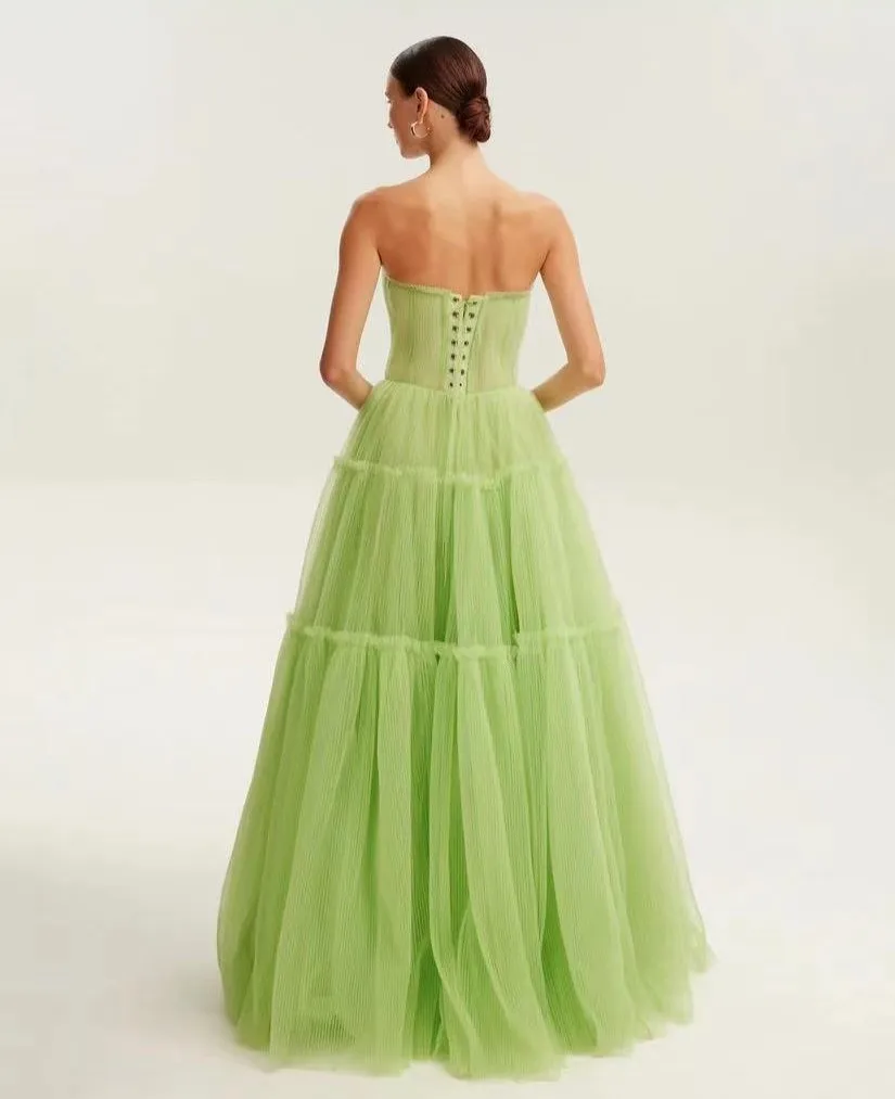 Neon Green Tiered Tulle Long Prom Gown New Design Women Dress Pleated Sweetheart Full Length Lush Formal Dresses Off Shoulder