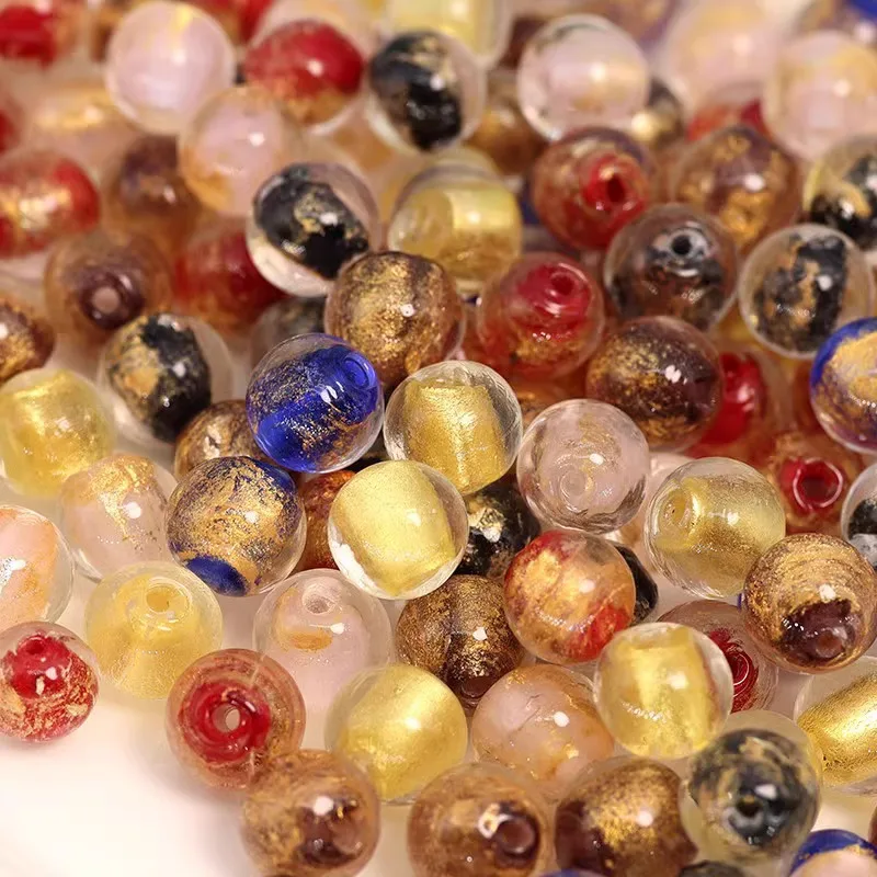 10pcs 8/10mm Gold Power Foil Pattern Handmade Lampwork Glass Loose Round Beads for Jewelry Making DIY Crafts Findings Accessory