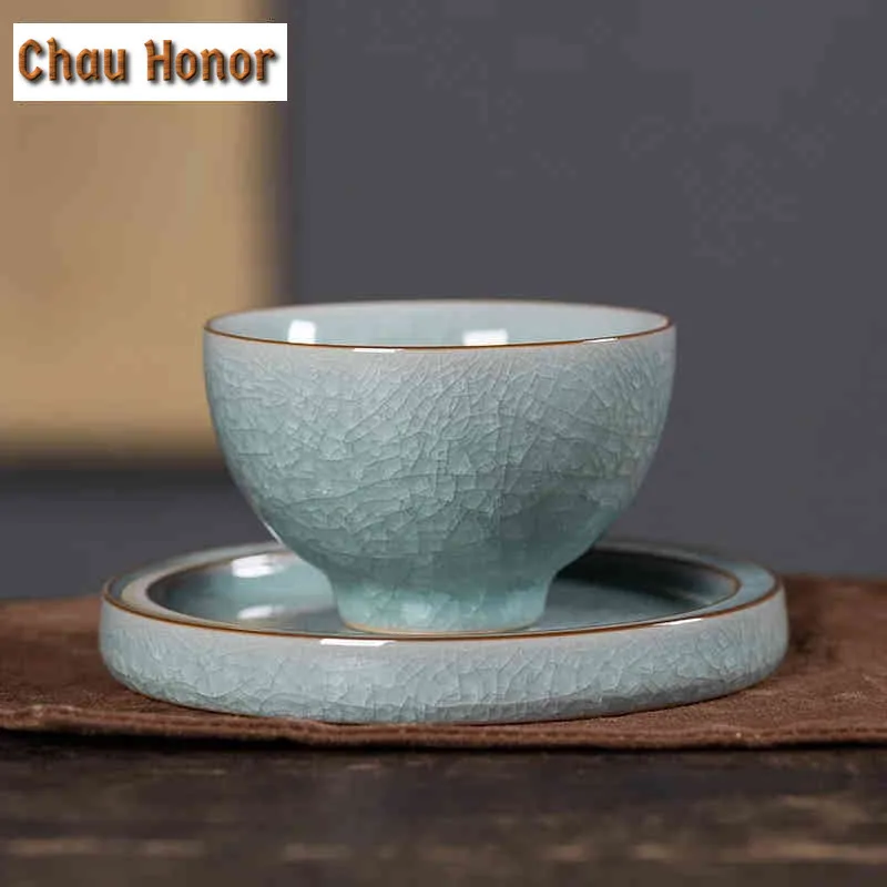 

Handmade Longquan Celadon Teacup Elegant Ice Flower Ceramic Master Cup with Holder Set Personal Tea Bowl Jianzhan Teaware Gifts