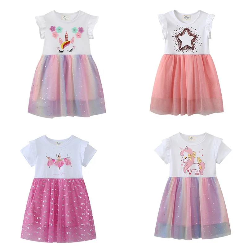 

Summer Princess Girls Party Dress Jumping Meters Unicorn Beading 2-7T Short Sleeve Mesh Frocks Baby Birthday Gift Hot Selling