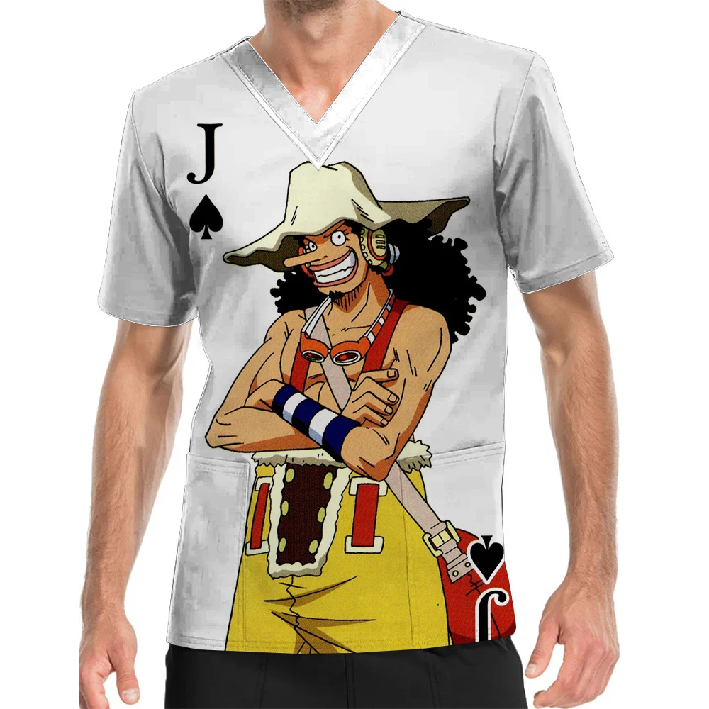 Uniforme de trabajo de enfermera pediatra para patio de juegos, Top exfoliante con estampado Usopp de una pieza con cuello en V, Top sencillo y cómodo