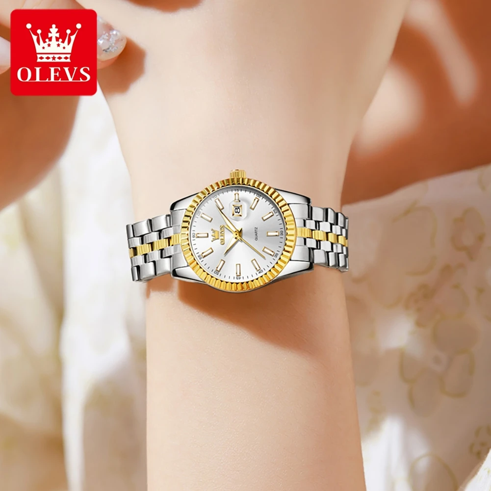 OLEVS 5593 Ladies Watches Original Luxury Quartz Wristwatch Stainless Steel Waterproof Luminous Day Date Watch Bracelet Set ﻿