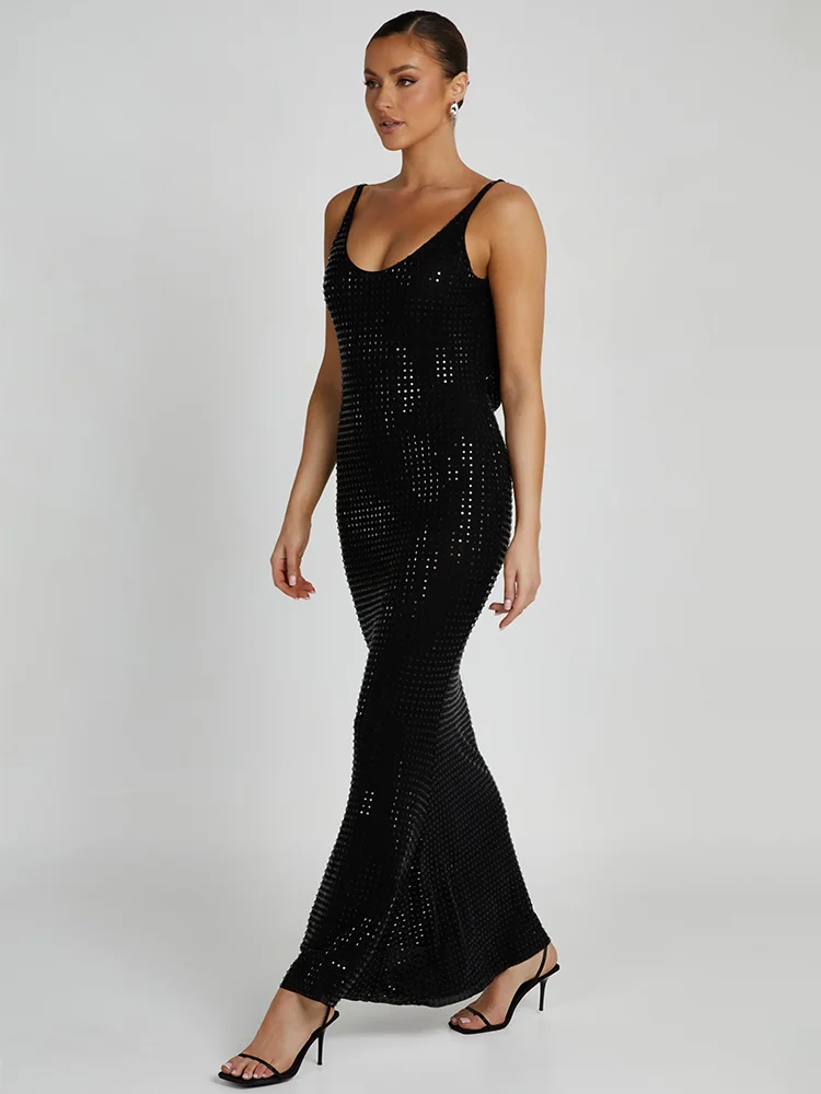 

Sexy Backless Dress for Women, Transparent Black Mesh with Beads, Spaghetti Strap Maxi Long Gown