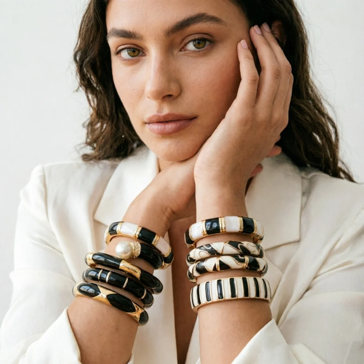 Vintage Schwarz-Weiß Gesplittete Emaille-Manschettenarmbänder für Damen und Herren, Punk Geometrisches Blumenmuster, Wellenförmiger Bambus-Gelenk-Armreif Schmuck – Detail 18