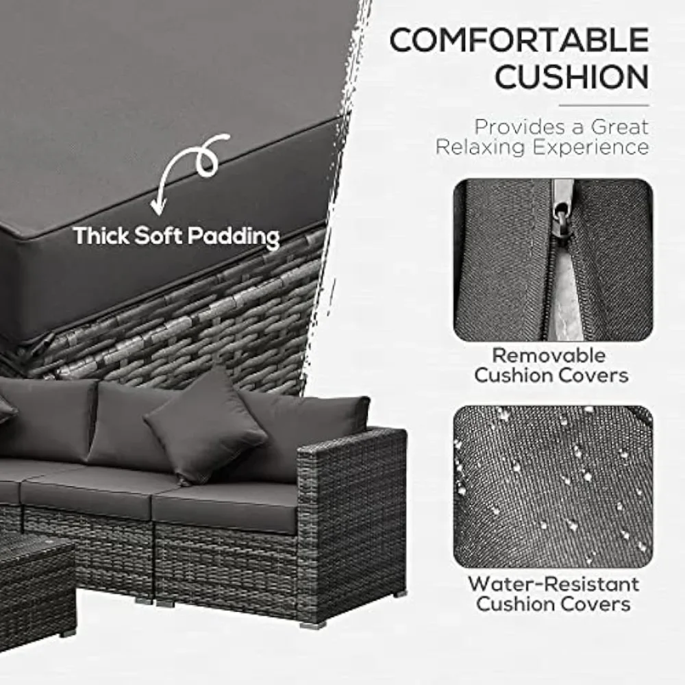 6 Piece Patio Furniture Set  Wicker All Weather PE Rattan Sectional Sofa Set, and Tempered Glass Table,Mixed Gray and Charcoal