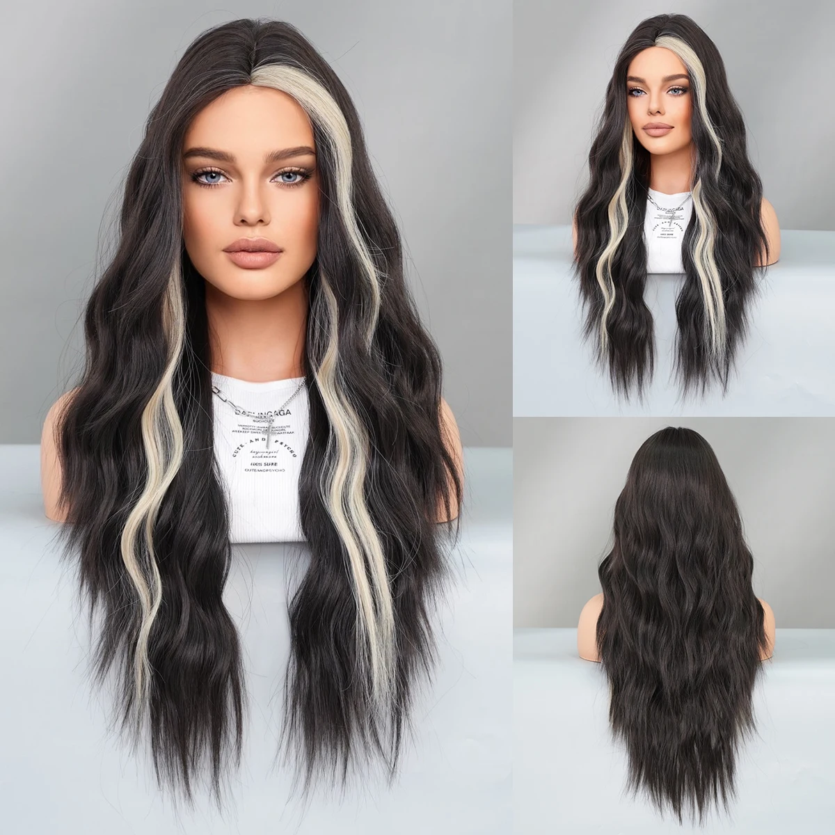 

PARK YUN Long Loose Wave Black Wigs With Highlight Beige High Quality Synthetic Layered Middle Part Hair Wig For Women Daily Use