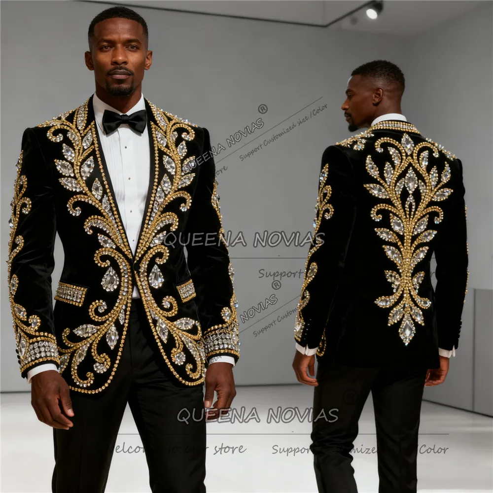 

Мужской костюм с блестящими камнями и бисером на свадьбу, однобортный бархатный пиджак для выпускного, наряды, индивидуальные смокинги для жениха, Ropa Hombre