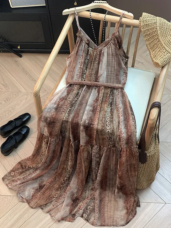 Korean Japanese High-End Strap Dress Women's plus Size Summer Artistic Style Fashion Abstract Dyed Long Dress V-Neck Sleeveless