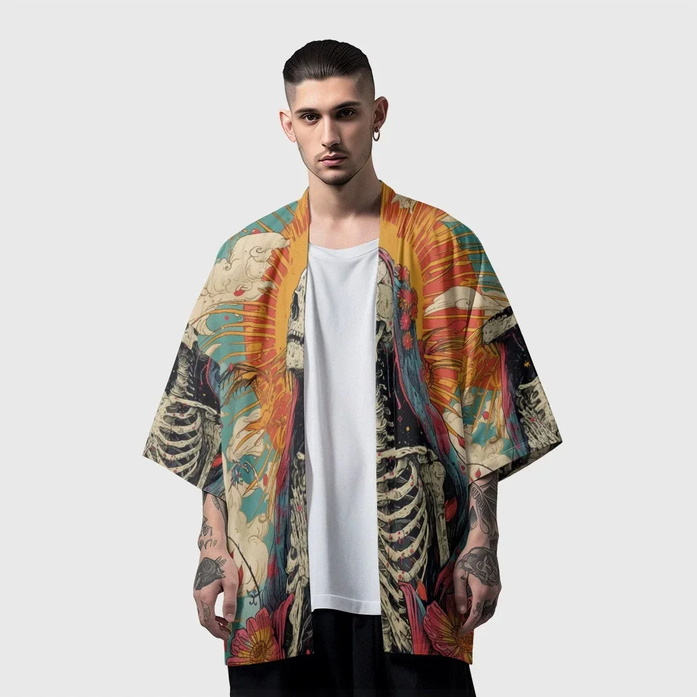 الهياكل العظمية طباعة كيمونو موضة عادية سترة يوكاتا الصيف الرجال النساء التقليدية هاوري الشارع الشهير