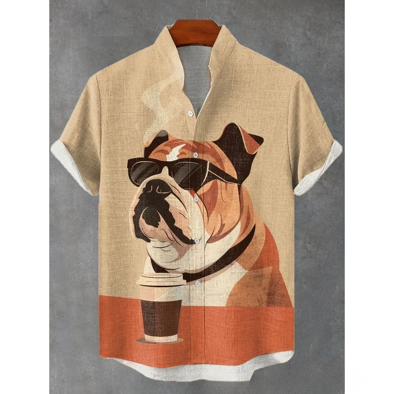 Camisa estampada de buldogue ondulado masculina, arte japonesa, camisa de linho misturado, gola em gola, camisas casuais, Tops engraçados para cães hipster, roupas masculinas