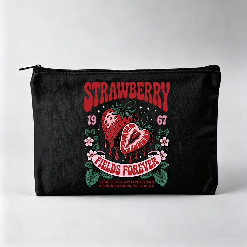 Strawberry Fruit Print Makeup Bag with Typography Design, Vintage Style Cosmetic Pouch for Daily Use