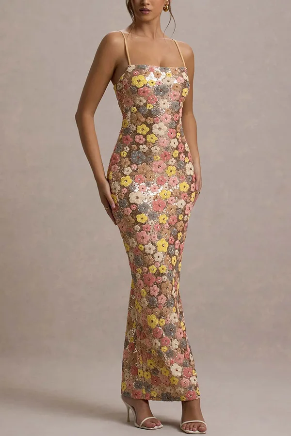 Robe longue camisole à sequins floraux pour femme, nouvelle mode 2026, moulante et sexy, idéale pour les soirées et les dîners