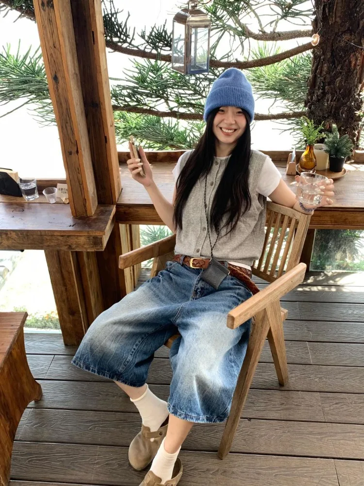 Summer Women's Crease Pattern Denim Shorts Streetwear Casual Pants Young Girls Mid-calf Trousers Female Wide Leg Sweatpants
