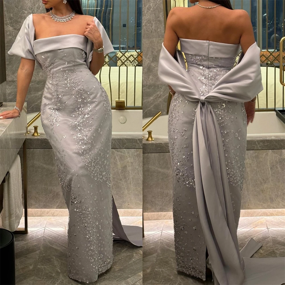 Mode Vrouwen Off-The-Shoulder A-Line Cocktailjurk Kralen Strikken Vloer Lengte Satijnen Avond