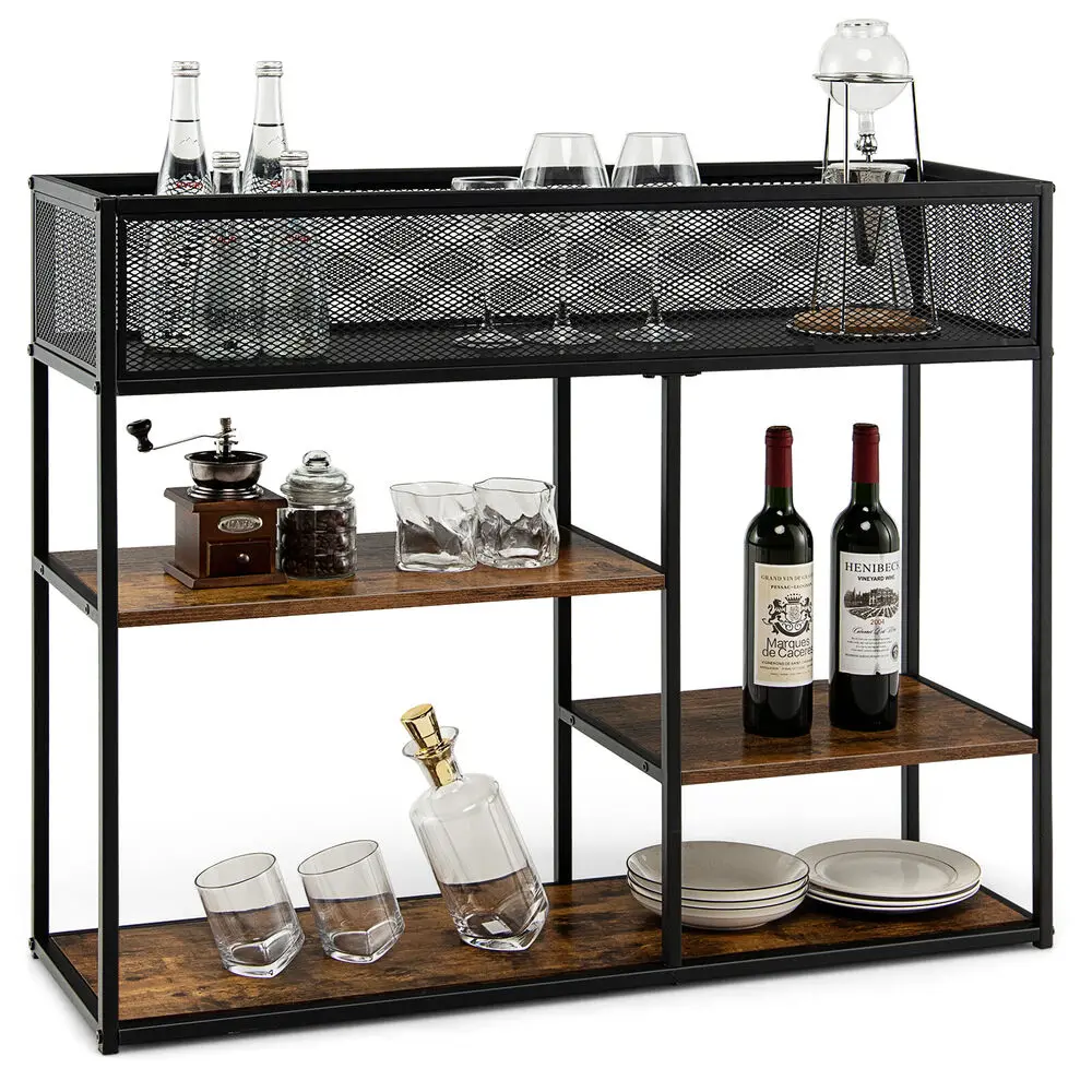 Costway 4-Tier Console Table w/Wire Basket Narrow Sofa Table w/shelf Industrial Bookcase