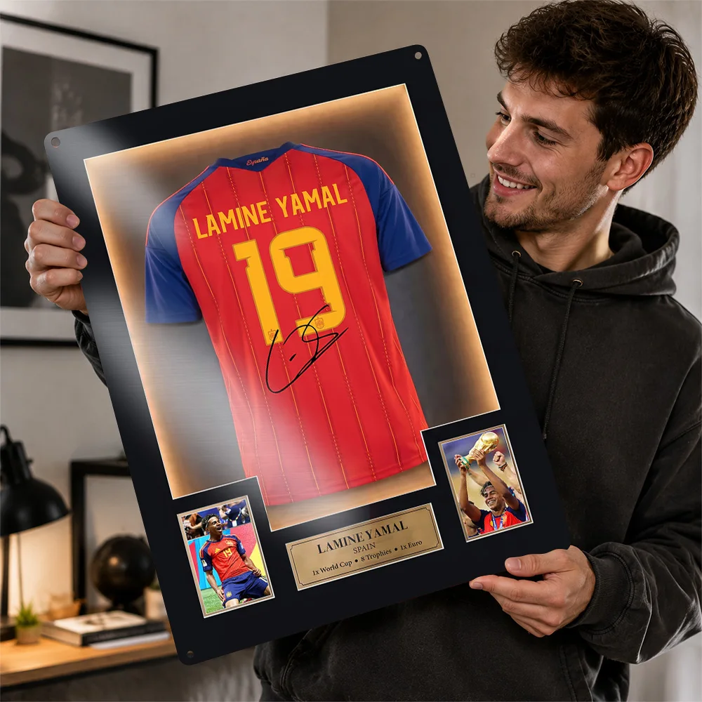 Lamine Yamal Memorabilia Poster Athletische Wandkunst Personalisiertes Retro-Metallschild für Sportzimmer Männerhöhle Fitness-Studio Heimdekoration Fan-Geschenk