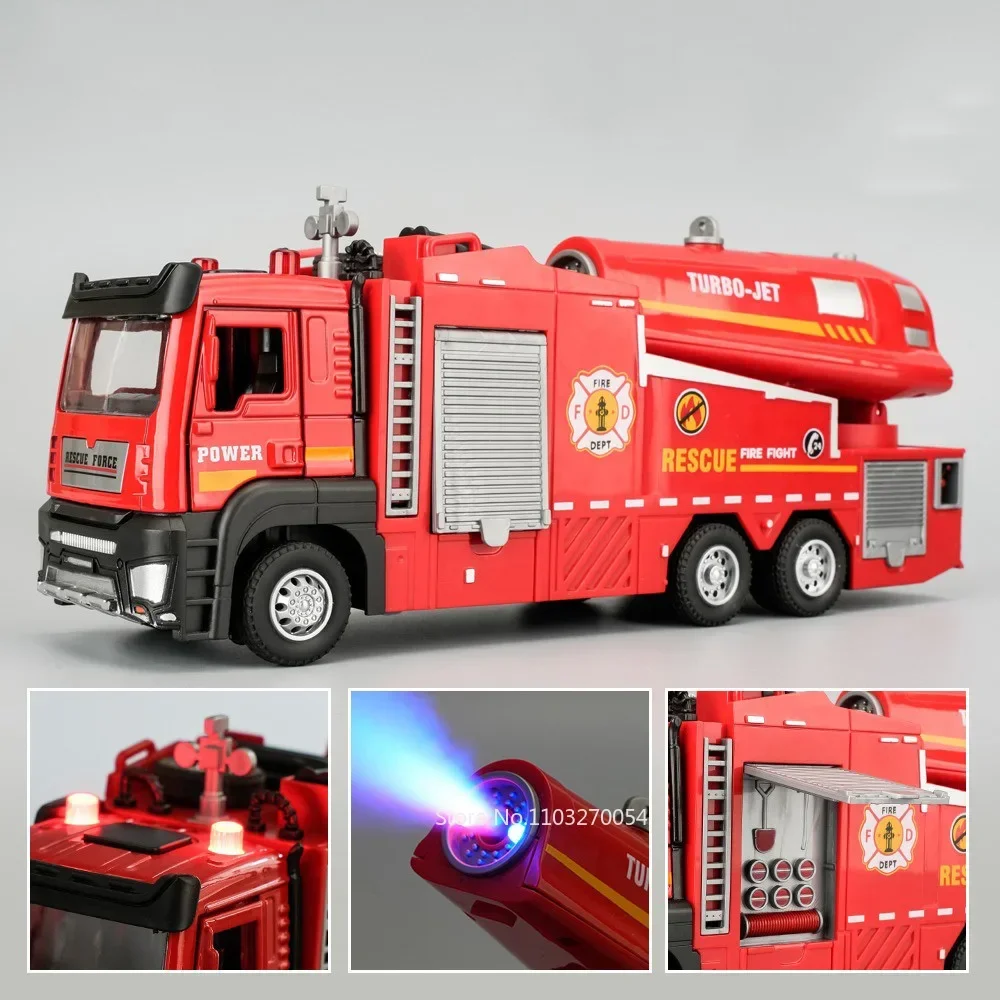 

1/32 Scale Spray Fire Truck Car Model Toys Alloy Diecast Engineering Vehicle Door Opened Sound Light Pull Back Toy Gift for Kids