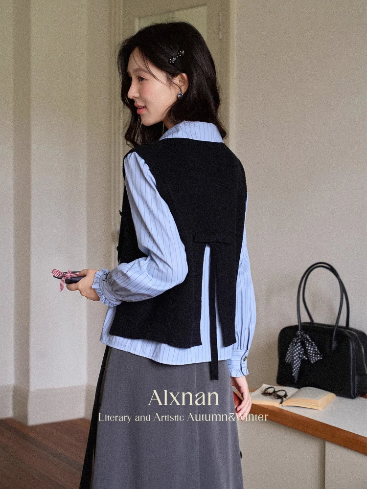 ALXNAN Plus Size Women's Black Vest V-Neck Irregular Hem Asymmetric Button Front Autumn New Versatile Short Waistcoat D12526