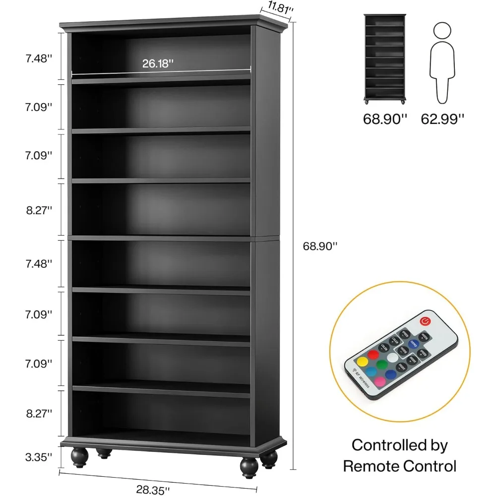 69-Inch Tall Bookcase with LED Lighting, Modern 9-Tier Freestanding Bookshelf with Solid Wood Legs, Wooden Open Display Shelf