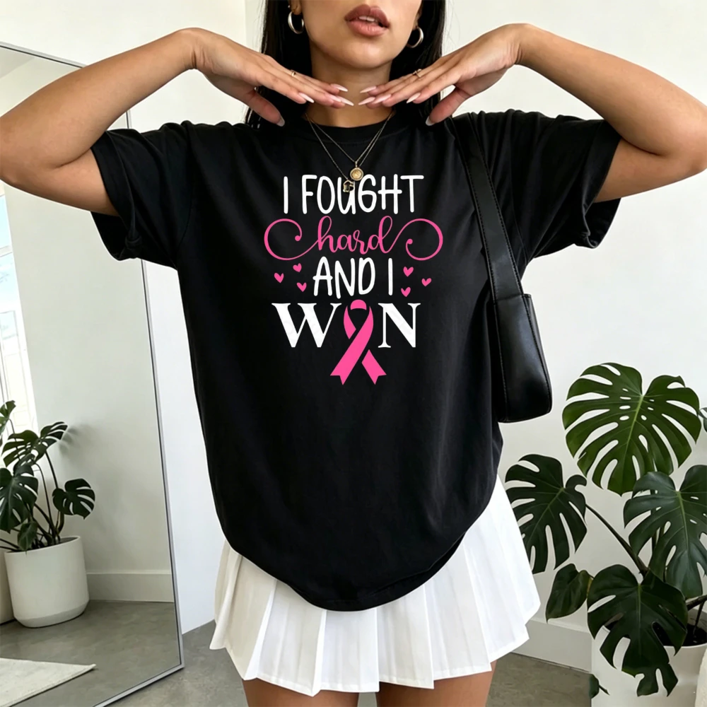 I Fought Hard And I Won Ribbon Heart T Shirt Women Breast Cancer Awareness Month Gift Female Motivational Tee