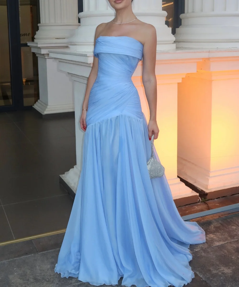 

Customized Fashion Chiffon Pleat A-line Strapless Long Dresses Bespoke Occasion Chinese Style Exquisite