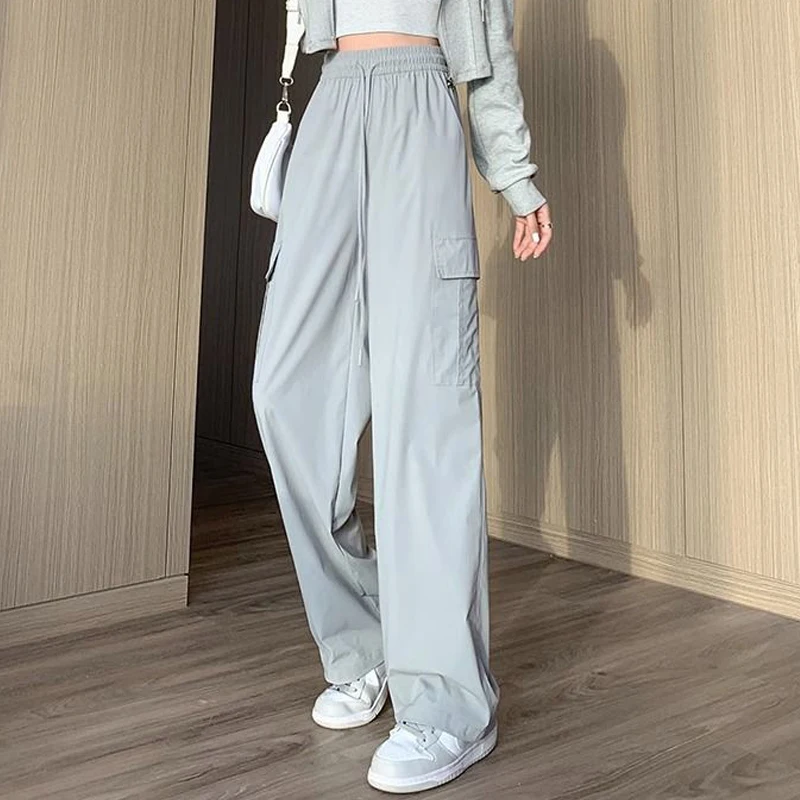 Women Casual Streetwear Wide Leg Straight Cargo Pants Summer Trendy Ice Silk Quick Drying Sports Trousers High Waist Pantalones