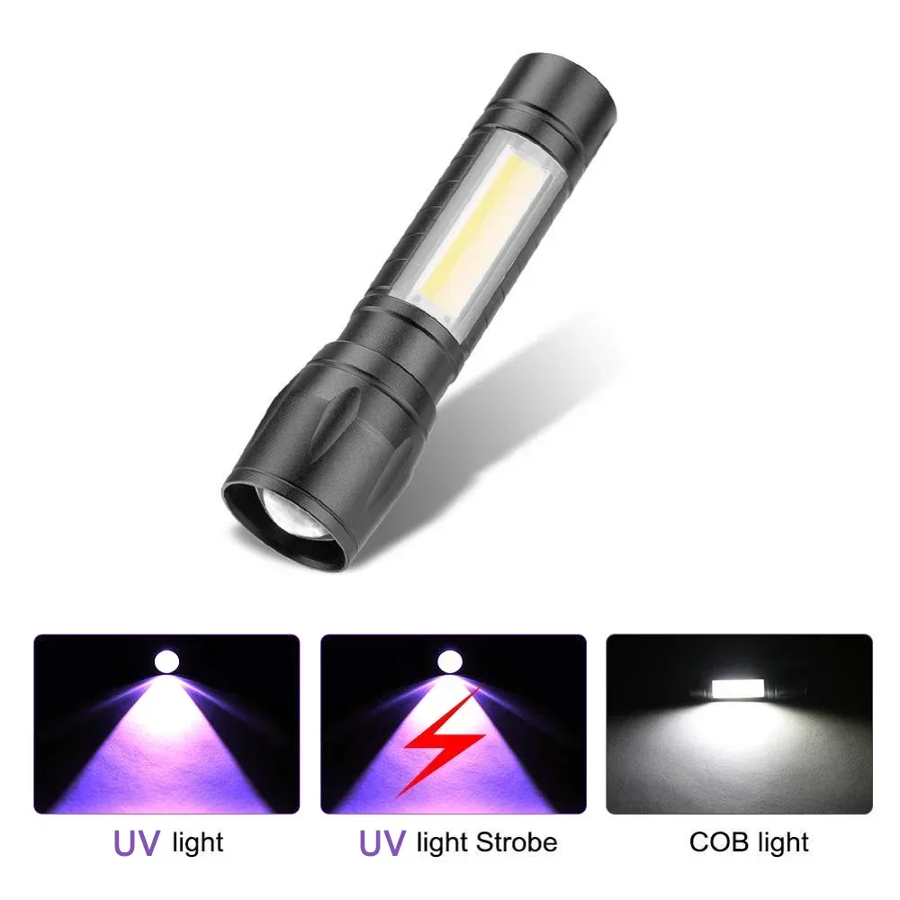 Mini LED+COB UV Flashlight with Variable Focus 395/365nm Flashlight USB Charging Inspection Light Pet Urine Stain Detection Tool