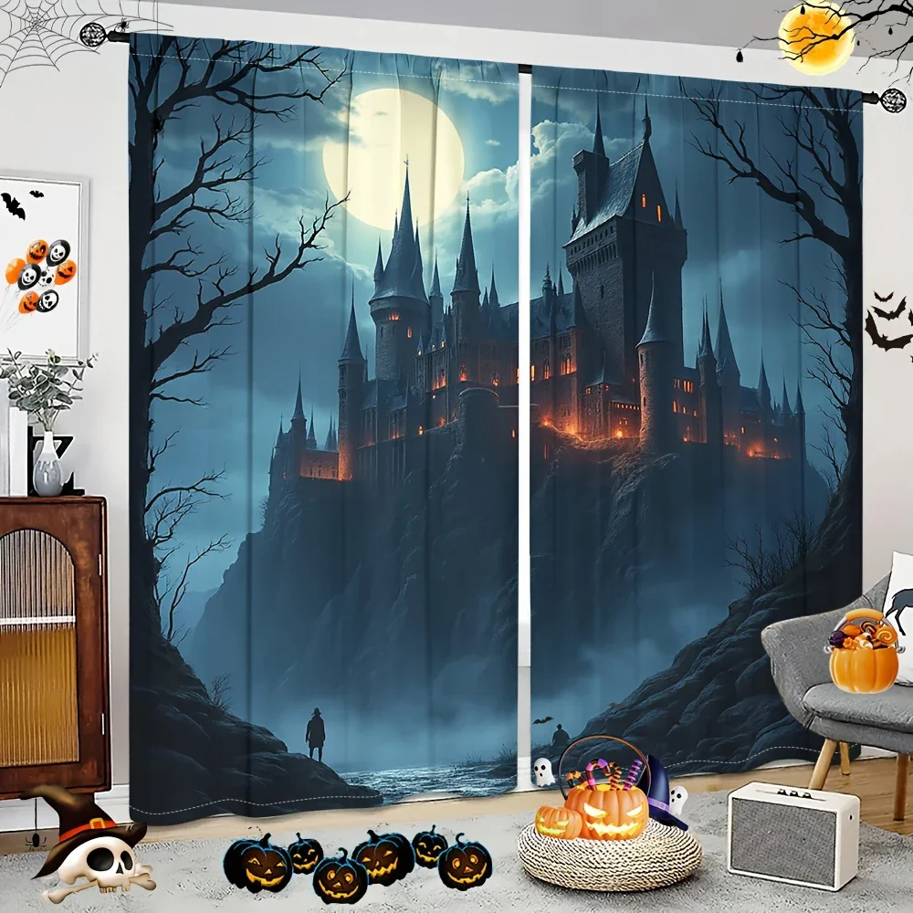 

2 шт.-Хэллоуин готический замок ночная сцена шторы с принтом, шторы для сумок на шесте, украшения для дома, украшения для комнаты