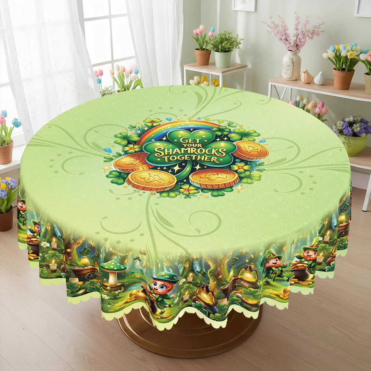 Pack of 1, Spring St. Patrick's Day Themed Tablecloth, Green Forest Style Mushroom House Glowing Lantern Pattern Tablecloth