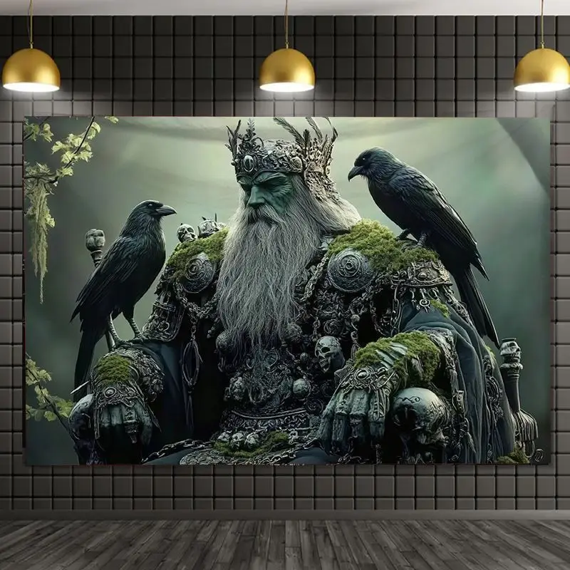 1pc Viking Warrior and Crows Tapestry Wall Hanging Intricate Norse Mythology Design with Skull Motifs Crow Throne Art Durab