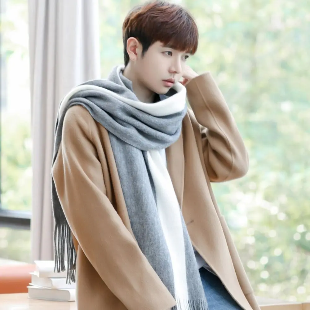 

Retro Korean Style Men Cashmere Scarf Thickened Splicing Color Long Wool Tassel Scarf Warm Windproof Winter Neckerchief Autumn