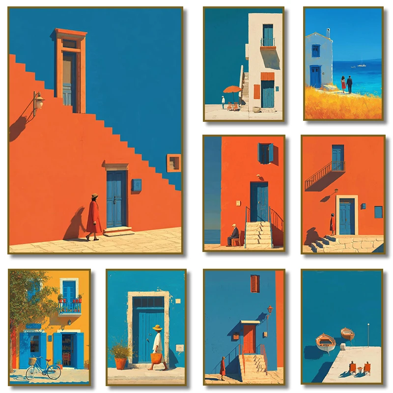 Mediterranean Landscape Bold Orange Blue Building Coastal Blue Summer Poster Canvas Painting Print Wall Pictures Home Decor