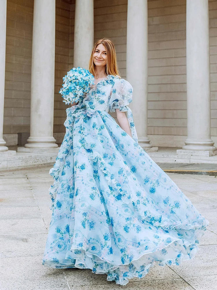 Gypsylady Floral Chic Maxi Dress Gown Organza Elegant Blue Summer Women Dresses Ruffle Lace Holiday Party Bow Tie Ladies Vestido