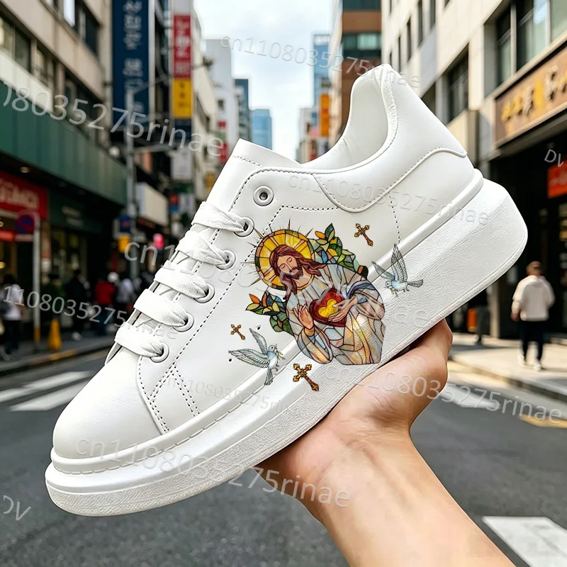 Picture 3: Jesus Art Pattern Printed Thick Bottom White Sneakers Adult Men Women Footwear Platform Casual Daily Street Sports Shoes
