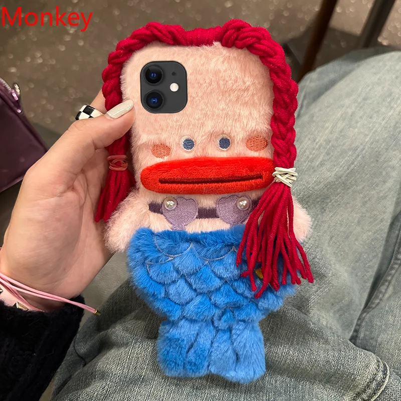 3D Cute Plush Mermaid Girls Gift Phone Case For Oneplus 11 10 9 8 7 6 5 3 One Plus 11R 8T Nord N10 Winter Fluffy Hair Soft Cover