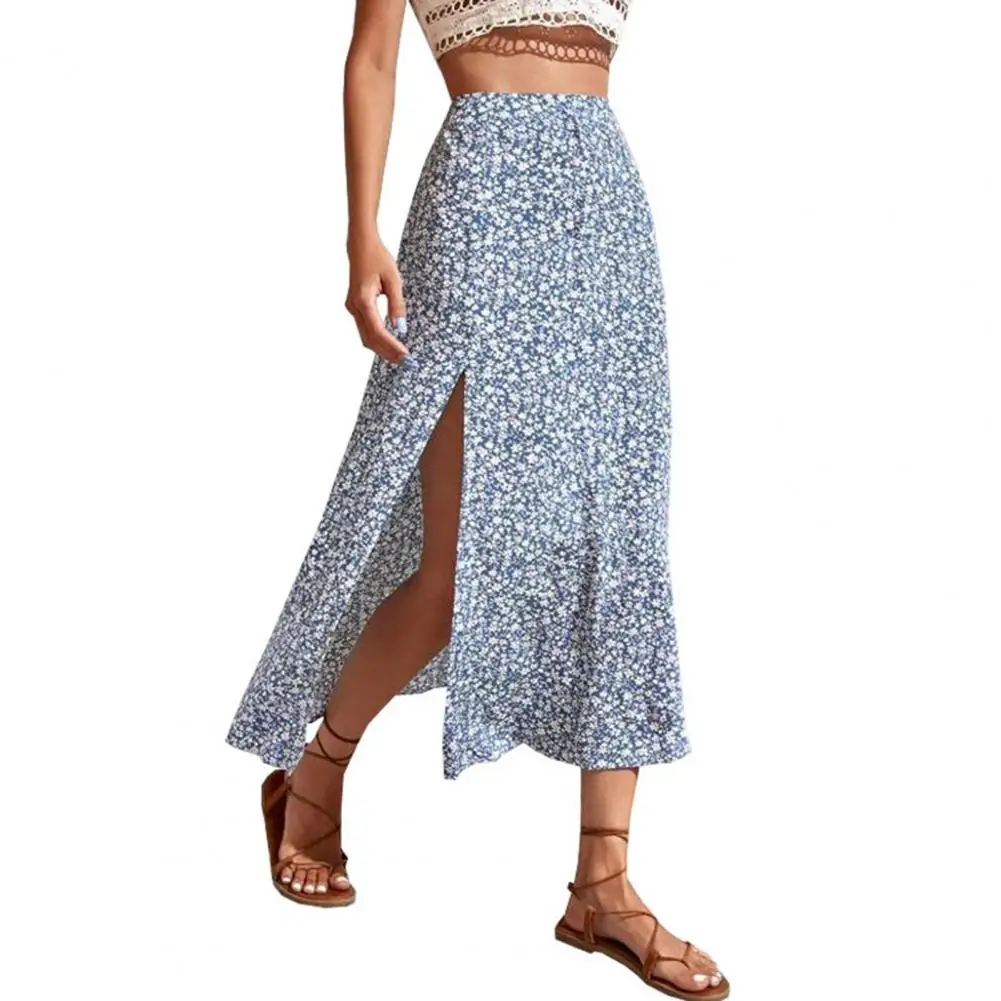 

Women Summer Skirt A Line Women Beach Skirt Small Flower Print Ladies Midi Skirt