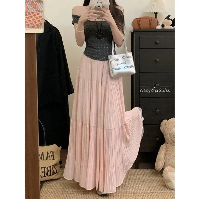Casual Vintage Women Skirt Matching Chic Lady's White Skirt Sweet Girl's Cake Skirt Elastic Waist A-Line Mid Length Flare Skirt