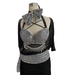 Belly Dance Competition Practice Costume Black and Silver Robe With Diamond Suspender Cape Performance American Dress