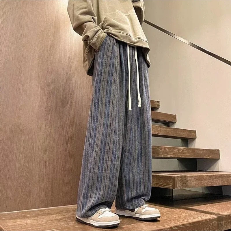 Korean Style Casual Pants Men Autumn and Winter Striped American Fashion High Street Loose Straight Full Length Trouser Male